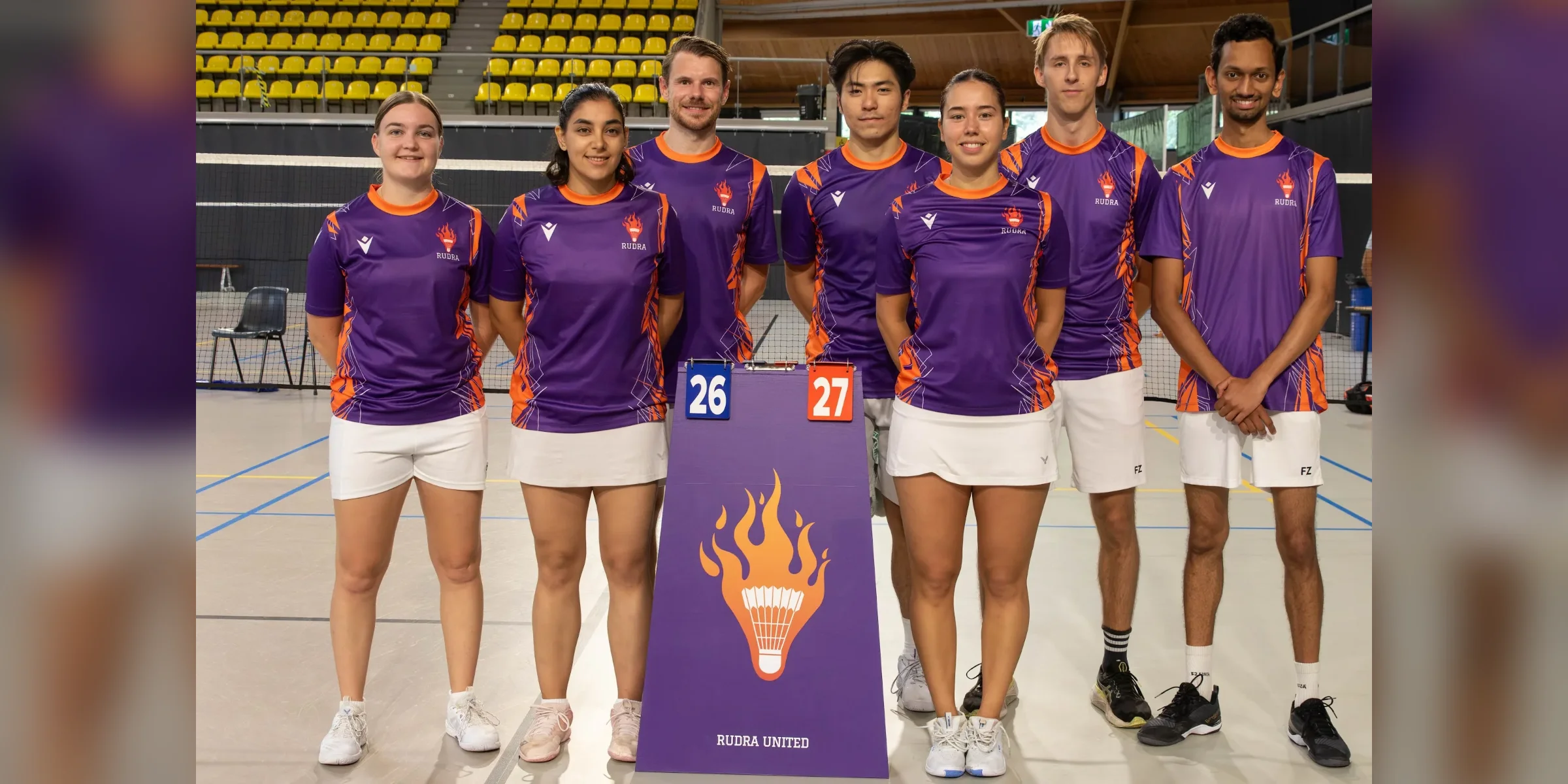 Rudra United team 1 line-up with the club banner before their first home eerste divisie match at Indoor Sport Centrum Eindhoven